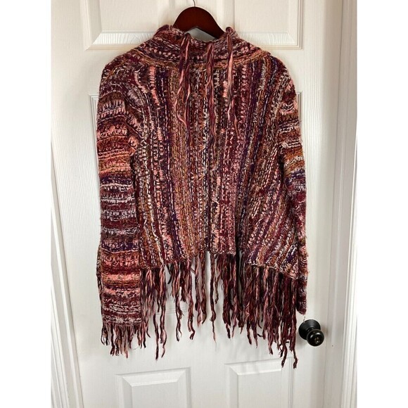 Free People Birkenstock Red Cardigan S Boho Chunky Fringe Wool Alpaca Sweater N3 - Picture 3 of 12
